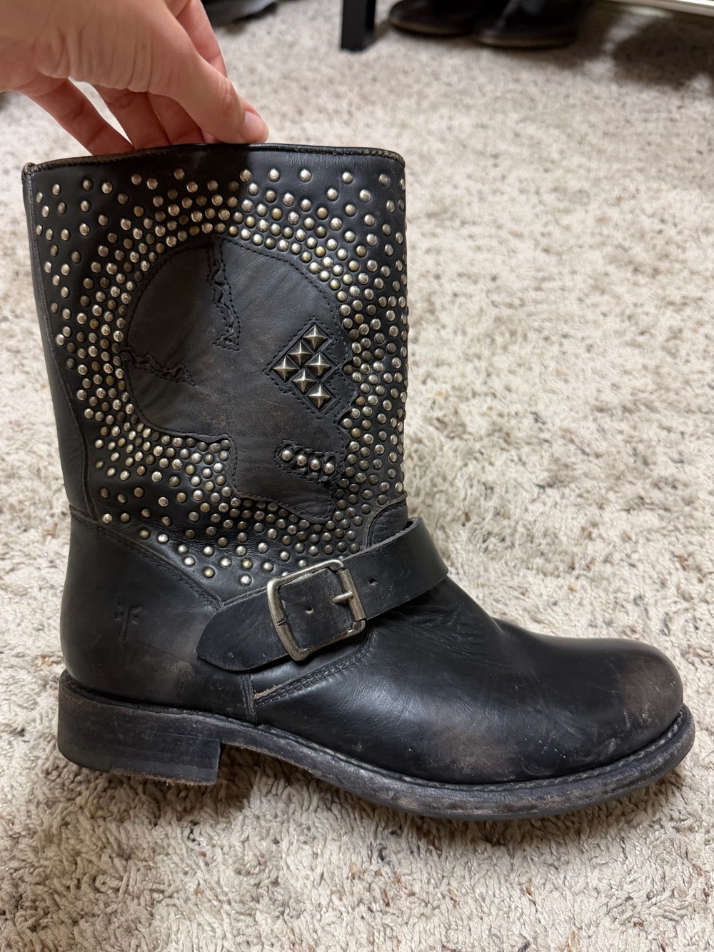 Frye Black Leather Studded Skull Boots - Picture 5 of 9